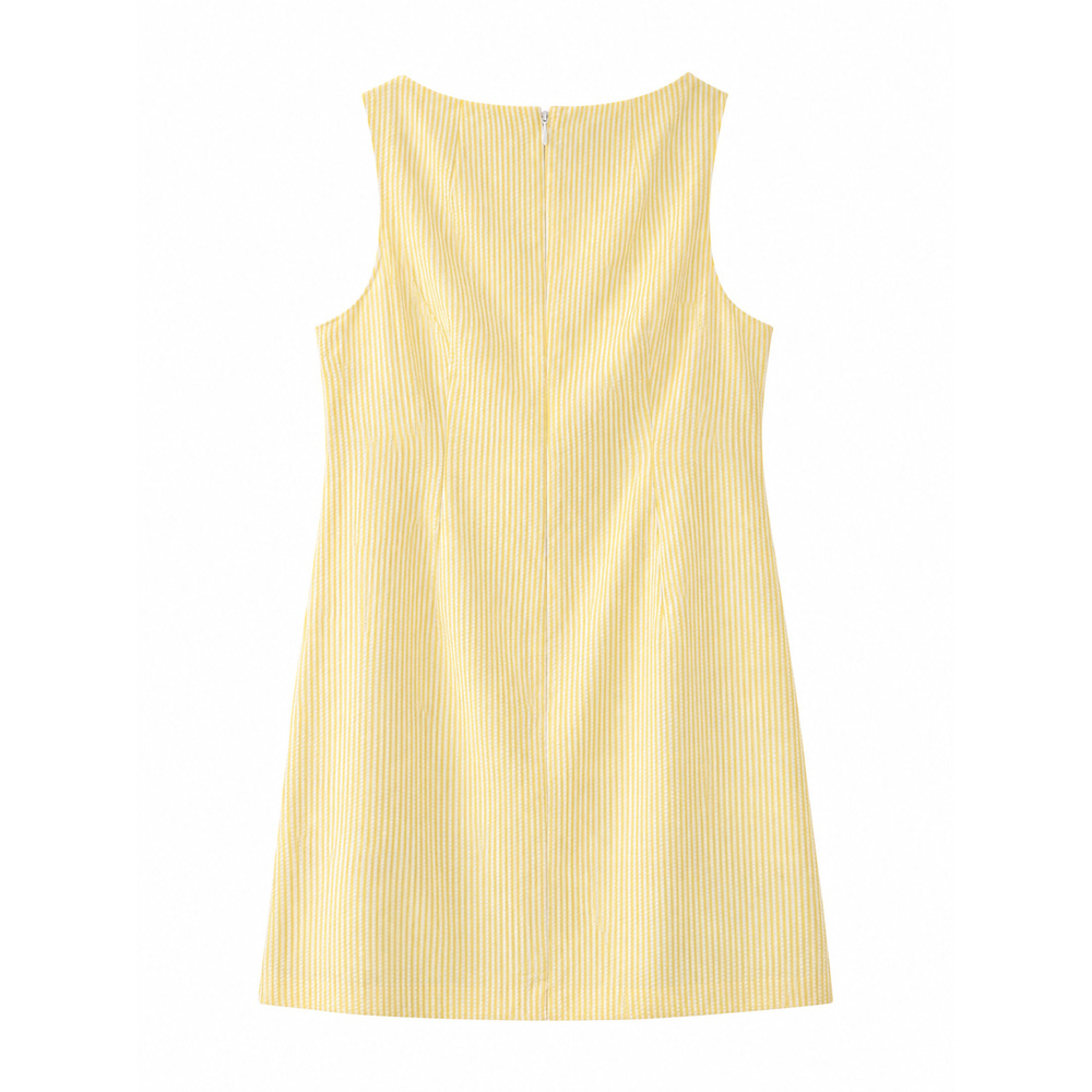 London Times Yellow Seersucker Dress Size 8 Sleeveless Lace Detail Shift Resort - Picture 3 of 8